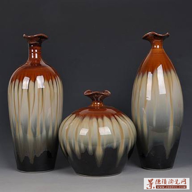 景德镇陶瓷器窑变陶艺时尚干花花瓶三件套现代时尚简约家居摆设件