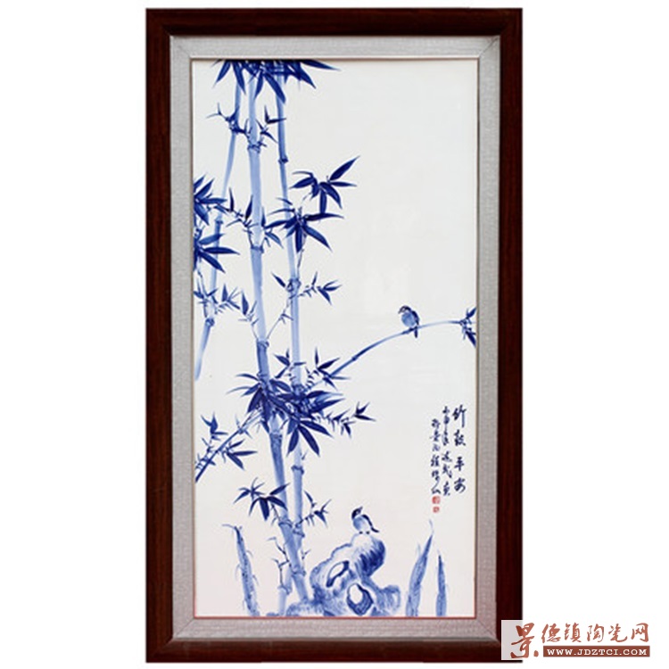 中式客厅沙发背景墙手绘青花瓷板画