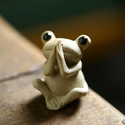 景德镇陶瓷创意趣味可爱拜佛粗陶日式小青蛙茶宠茶桌禅意个性摆件