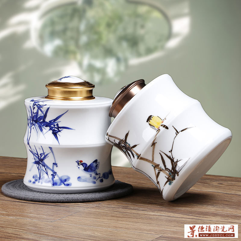 手绘半斤茶叶罐青花节节高升竹子罐子